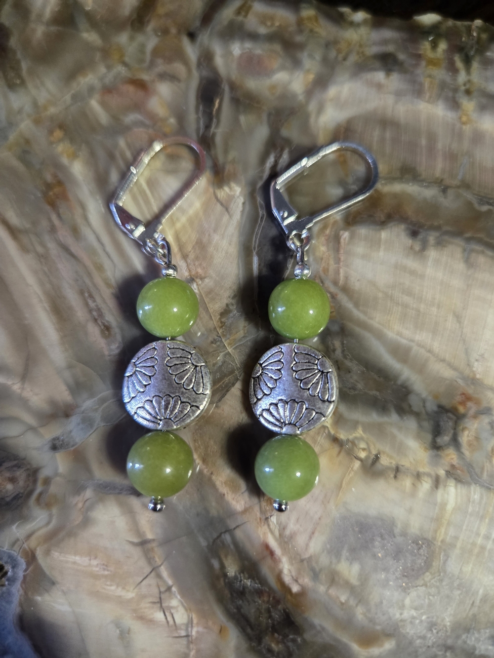 Lime Green Jade Earrings with Silver Accent